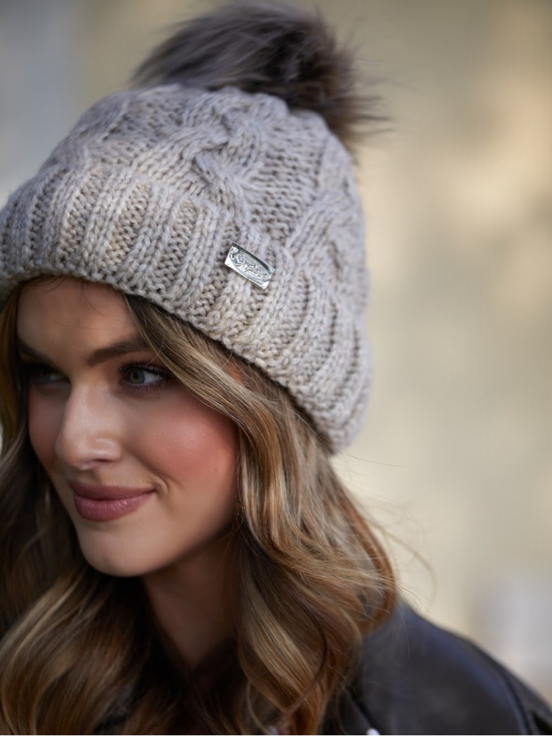 Winter hat with a shimmering thread in braids, beige C49 - Online store - Boutique